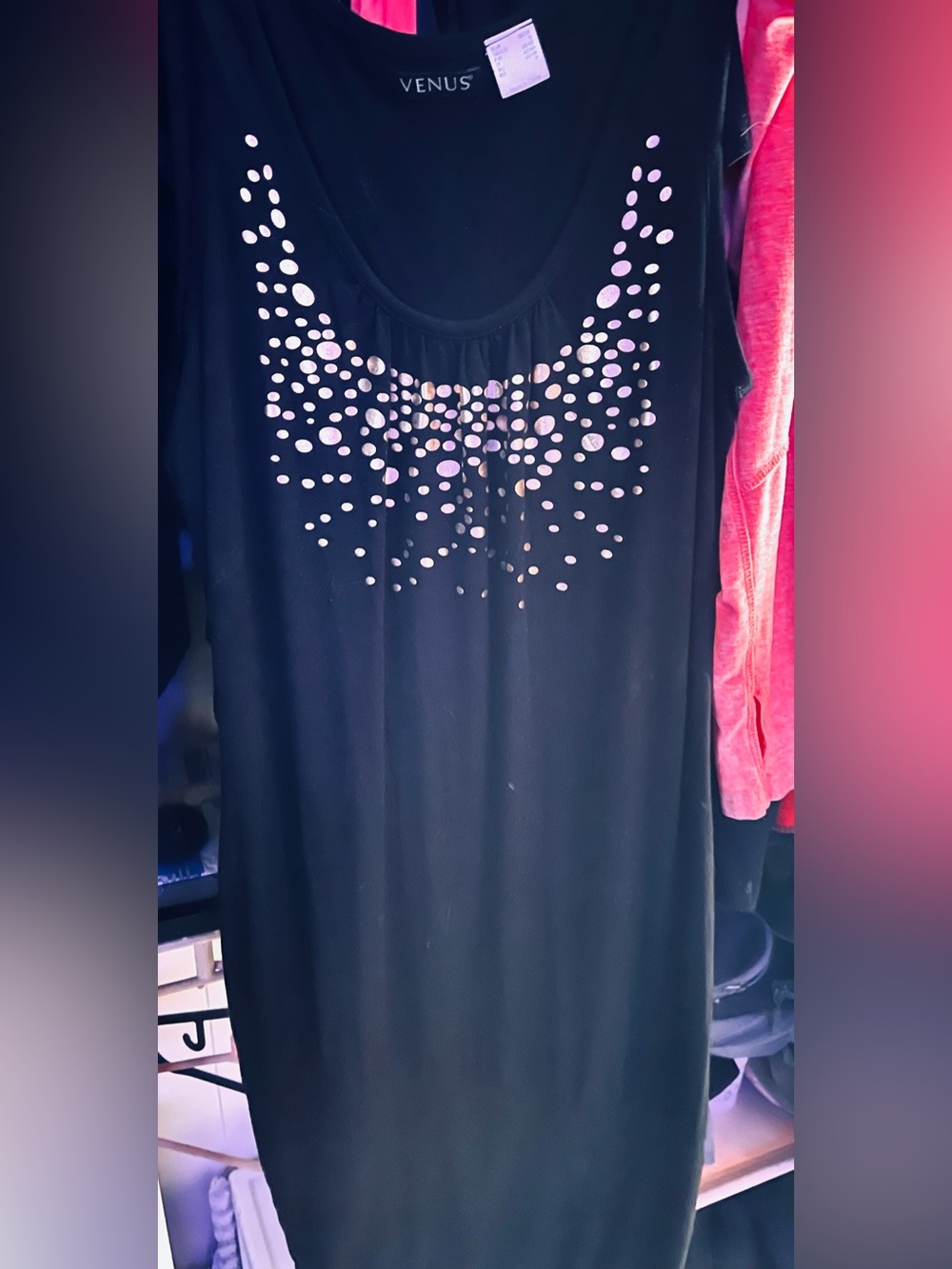VENUS Black Mini Dress with Iridescent Dot Embellishment